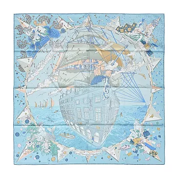 Hermes 愛馬仕 Hermès Flagship 90 cm手工捲邊斜紋真絲方巾 天空藍/灰綠/玫瑰