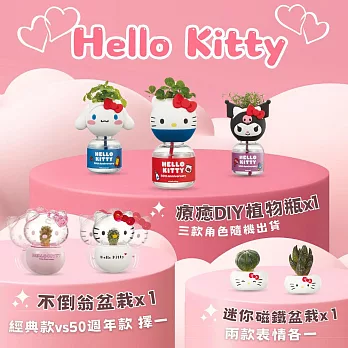 為你每天加加油【Green Pandora】Hello Kitty 組合 (不倒翁盆栽(經典款、50週年款擇一)+療癒植物瓶(三款隨機出貨)+迷你磁鐵盆栽(2入組)) 經典款（白色）款不倒翁