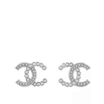 CHANEL CC Logo 水鑽及珍珠鑲飾針式耳環 (銀色)