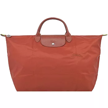 LONGCHAMP LE PLIAGE GREEN系列刺繡短把再生尼龍摺疊旅行袋(小) 栗子紅