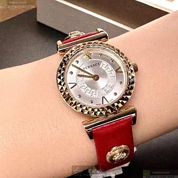 VERSACE凡賽斯瑞士錶,編號：VS12331,36mm圓形玫瑰金精鋼錶殼銀白色錶盤真皮皮革紅色錶帶