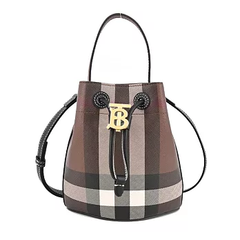 BURBERRY  LolaTB金字LOGO格紋帆布束口水桶包 暗樺木棕色