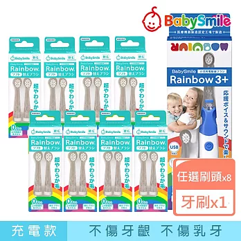 日本BabySmile 刷頭替換組 2只/組 x8 +贈 充電款S-205 兒童電動牙刷  軟毛刷頭*8+贈S-205牙刷(藍)