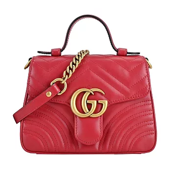 GUCCI Marmont 牛皮縫線金屬LOGO迷你手提肩背包 芙蓉紅