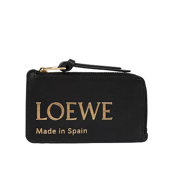LOEWE 金色Logo 燙印小牛皮拉鍊零錢包/卡夾包 (黑色)