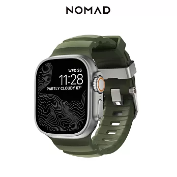 美國NOMAD Apple Watch專用硬悍FKM橡膠錶帶-49/46/45/44/42mm- 森林綠-銀扣