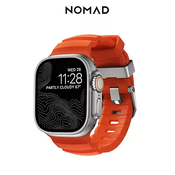 美國NOMAD Apple Watch專用硬悍FKM橡膠錶帶-49/46/45/44/42mm- 	燄橘紅-銀扣