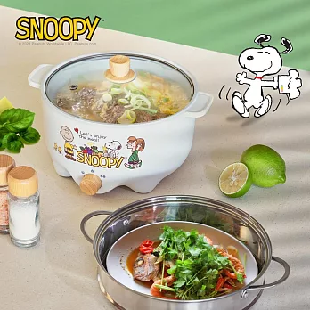 SNOOPY 史努比 吃貨系列 S22雙層防燙不沾電湯鍋3L 白木紋 + M2209蒸籠 x1