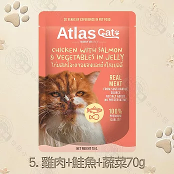 12包組 Atlas Cat 阿特拉斯鮮湯包70g 富含蛋白質 促進肌肉和貓咪的生長 貓餐包 貓湯包 全齡貓適用- 雞肉+鮭魚+蔬菜x12包