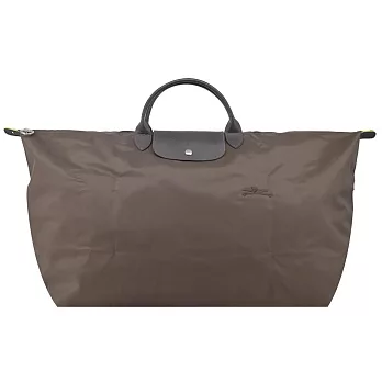 LONGCHAMP LE PLIAGE GREEN系列刺繡短把再生尼龍摺疊旅行袋(中) 大地棕