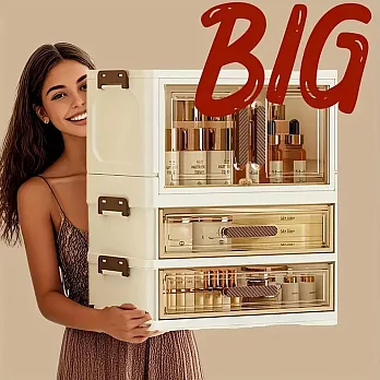 【太力】多功能桌上可折疊三層抽屜收納箱(1開門2抽屜) 白+透明茶