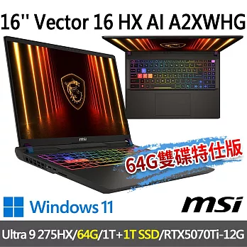 ★記憶體硬碟升級★msi微星 Vector 16 HX AI A2XWHG-268TW(Ultra 9 275HX/32G+32G/1T+1T/RTX5070Ti)