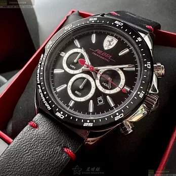 FERRARI法拉利精品錶,編號：FE00084,46mm圓形銀精鋼錶殼黑色錶盤真皮皮革深黑色錶帶