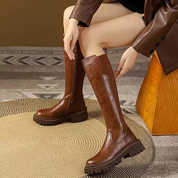 【Amoscova】鬆緊異材質拼接皮長筒靴(1675/1709) EU36 棕色(偏小.靴筒加寬)