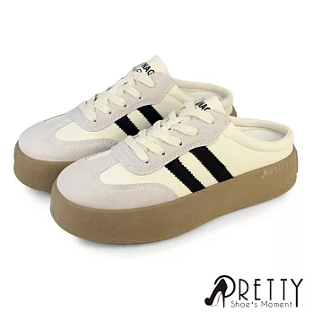 【Pretty】女 穆勒鞋 德訓鞋 包頭拖鞋 懶人拖鞋 半拖鞋 厚底 復古 EU42 米色