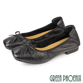 【GREEN PHOENIX】女 娃娃鞋 低跟包鞋 便鞋 全真皮 小方頭 通勤 OL 上班 EU35 黑色