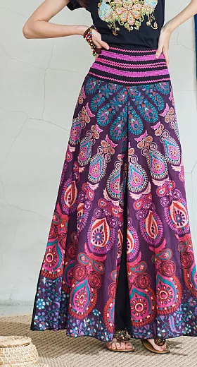 【潘克拉】印度花繡線腰頭寬口褲 TM1013　FREE孔雀桃紫