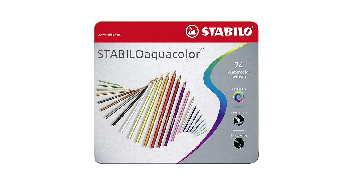 STABILO 德國天鵝牌 aquacolor系列 水溶性色鉛筆 金屬鐵盒裝24色24支裝(型號:1624-5)