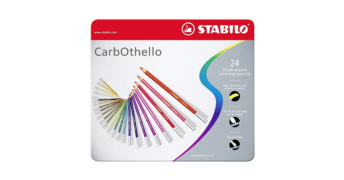 STABILO 德國天鵝牌 CarbOthello系列 4.4mm 水溶性粉彩筆 24色 鐵盒裝 型號:1424-6