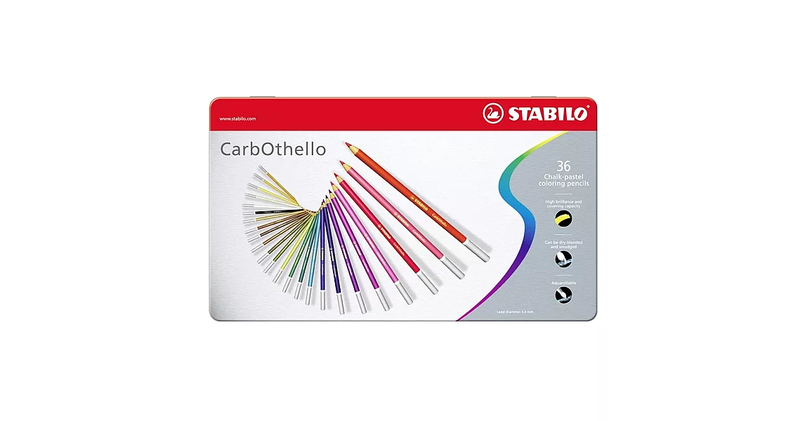 STABILO 德國天鵝牌 CarbOthello系列 4.4mm 水溶性粉彩筆 36色 鐵盒裝 型號:1436-6