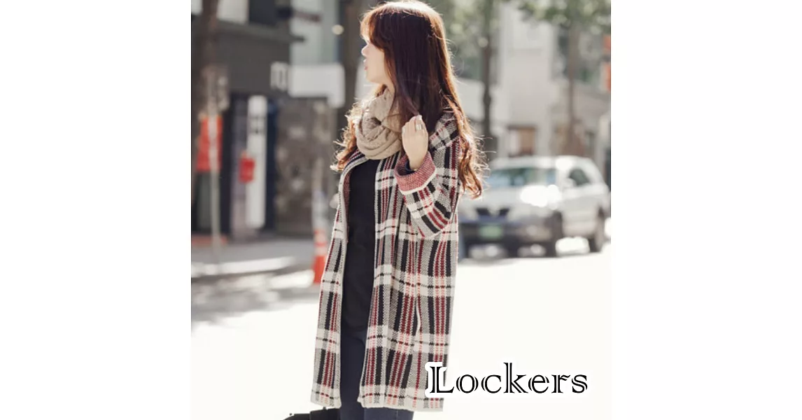 【Lockers 木櫃】韓劇同款針織格子毛衣長外套(黑紅格子)