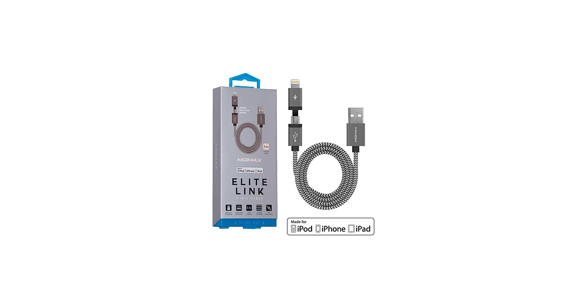MOMAX 蘋果認證lightning+microUSB 2合一充電傳輸線1M黑