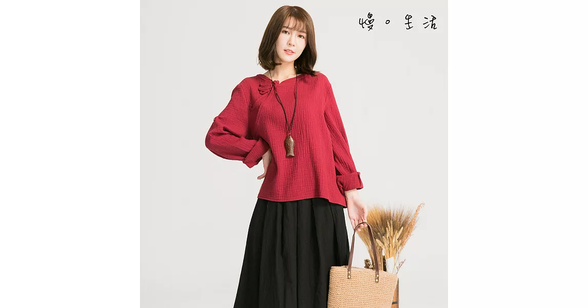 【慢。生活】中式斜領棉麻寬上衣(3色)-F　FREE紅