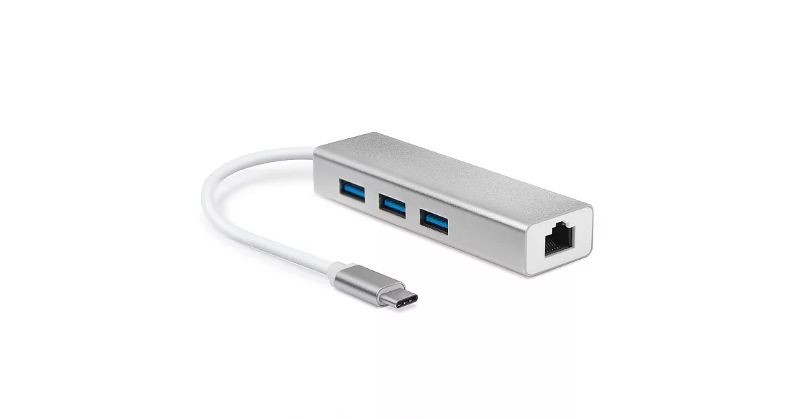 鋁合金 Type-C 轉 3埠USB 3.0 HUB集線器+RJ45高速網路卡銀色