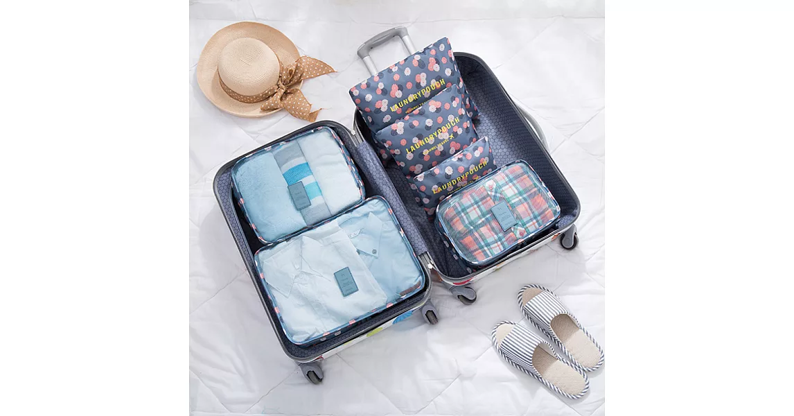 加厚防水衣物收納整理包6件組-朵朵藍