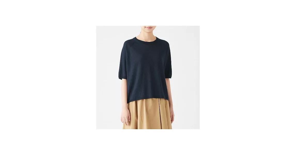 [MUJI無印良品]女法國亞麻短袖針織衫XS~S深藍
