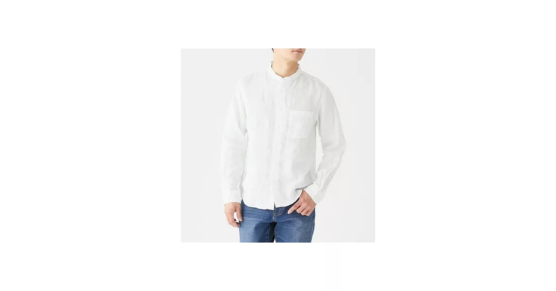 [MUJI無印良品]男法國亞麻水洗立領襯衫M白色