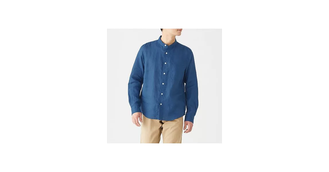 [MUJI無印良品]男法國亞麻水洗立領襯衫M藍色