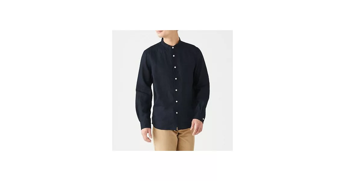 [MUJI無印良品]男法國亞麻水洗立領襯衫XL深藍
