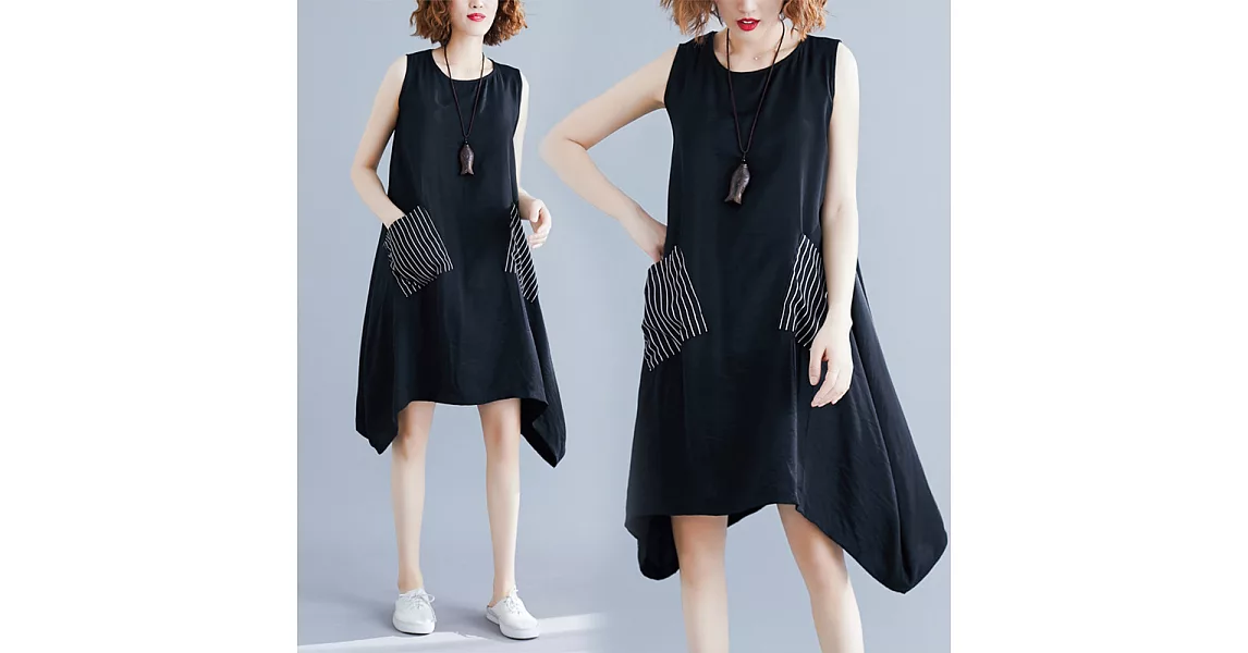 【NUMI】森-簡約條紋口袋無袖連身裙-黑色-52163(M-2XL可選)XL黑色