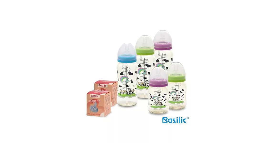 【貝喜力克】防脤氣寬口徑PES乳牛奶瓶(3大2小)奶嘴尺寸：S*2