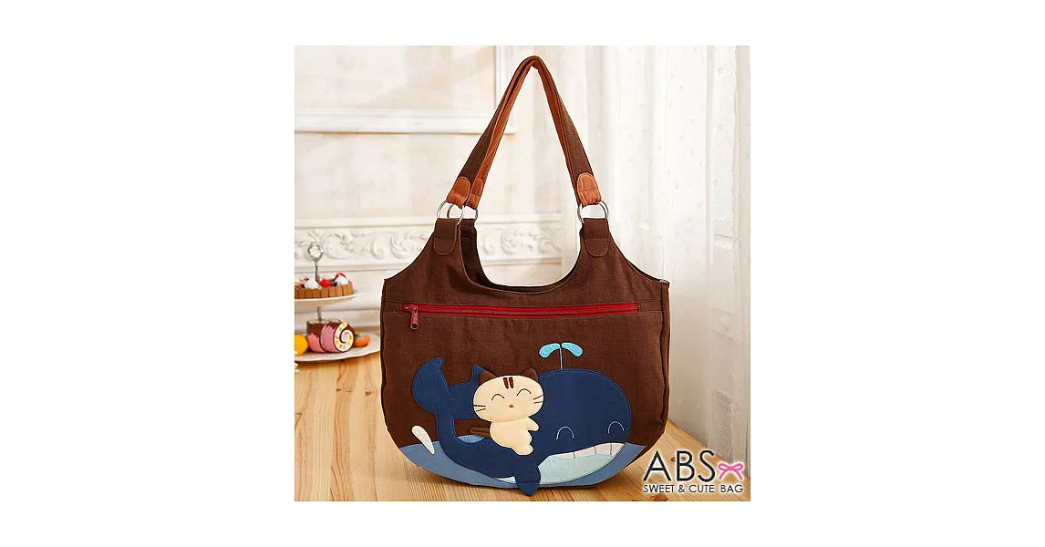 ABS貝斯貓 微笑貓咪騎鯨拼布包 手提包/肩提包 (咖啡) 88-172