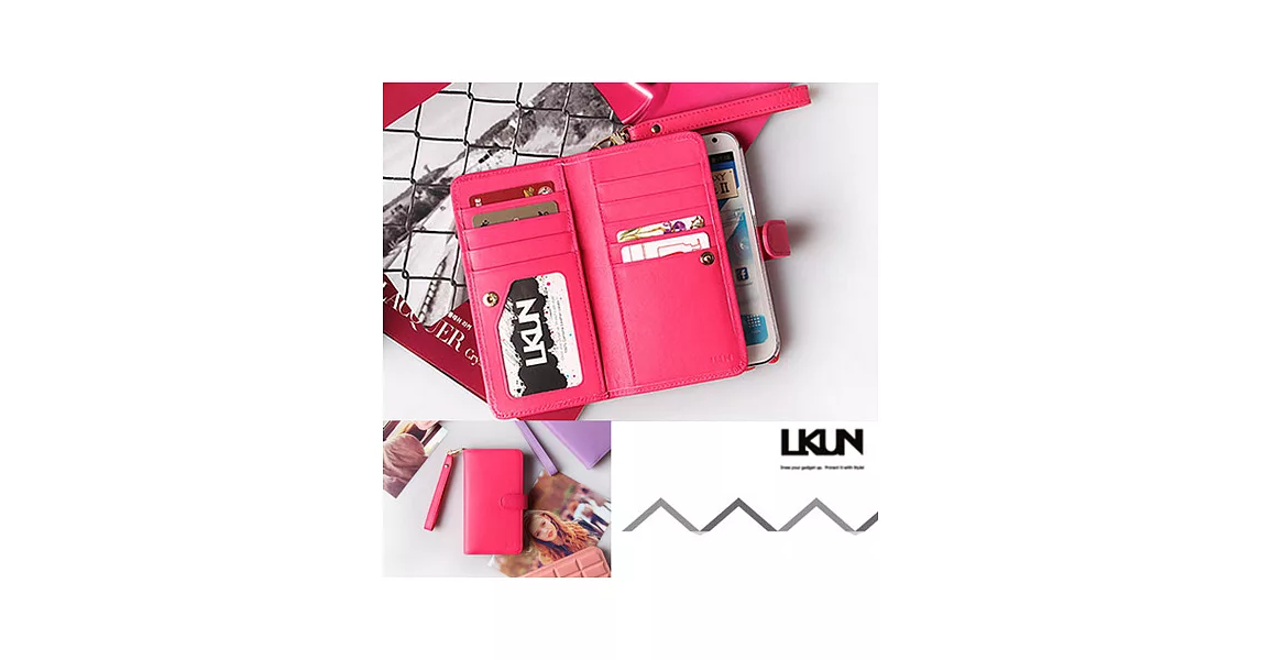 【韓國原裝潮牌 LKUN】Samsung Note2 N7100 專用保護皮套 100%高級牛皮皮套㊣ 多功能多用途手機皮套&錢包完美結合 (玫紅)