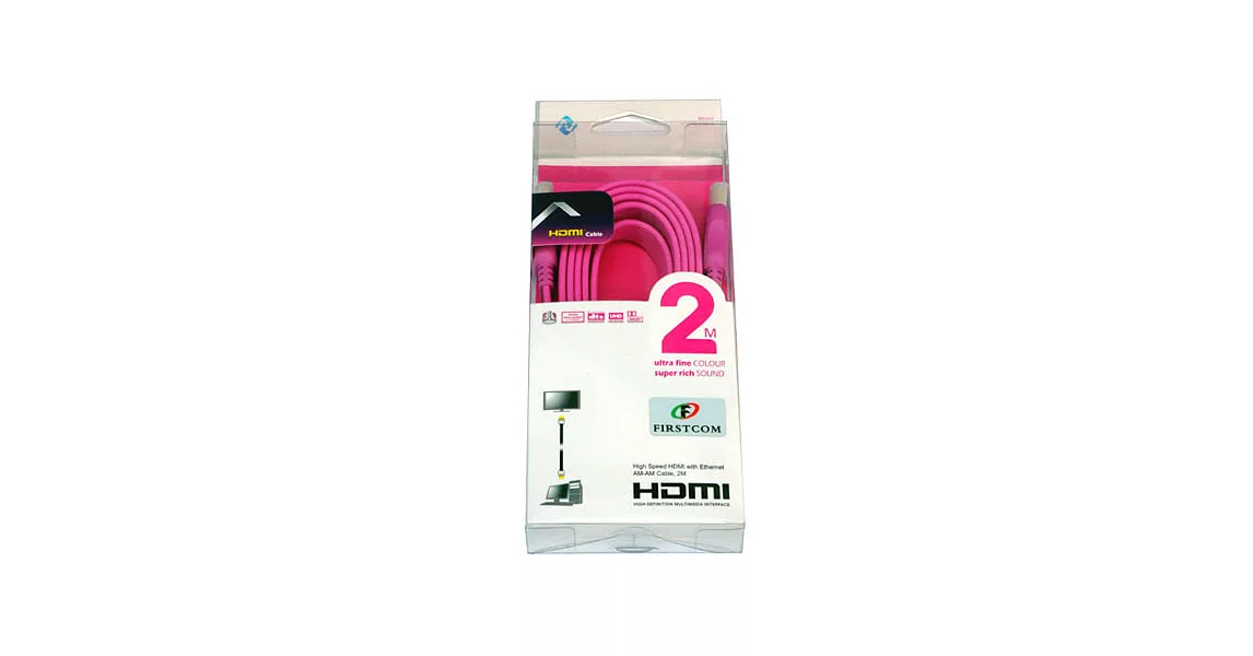 FIRSTCOM HDMI扁線1.4版(19+1線芯)超高畫質影音線2米-粉紅色