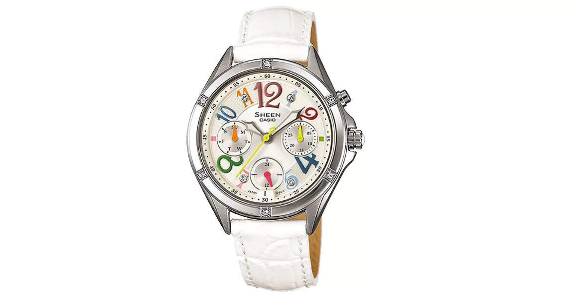 CASIO SHEEN 閃耀霓虹數字晶鑽時尚腕錶-彩色x白皮帶