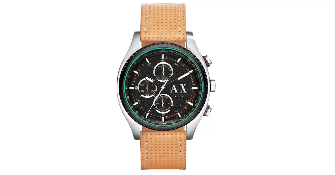 A│X Armani Exchange 急速車手計時腕錶-綠黑x淺褐皮帶