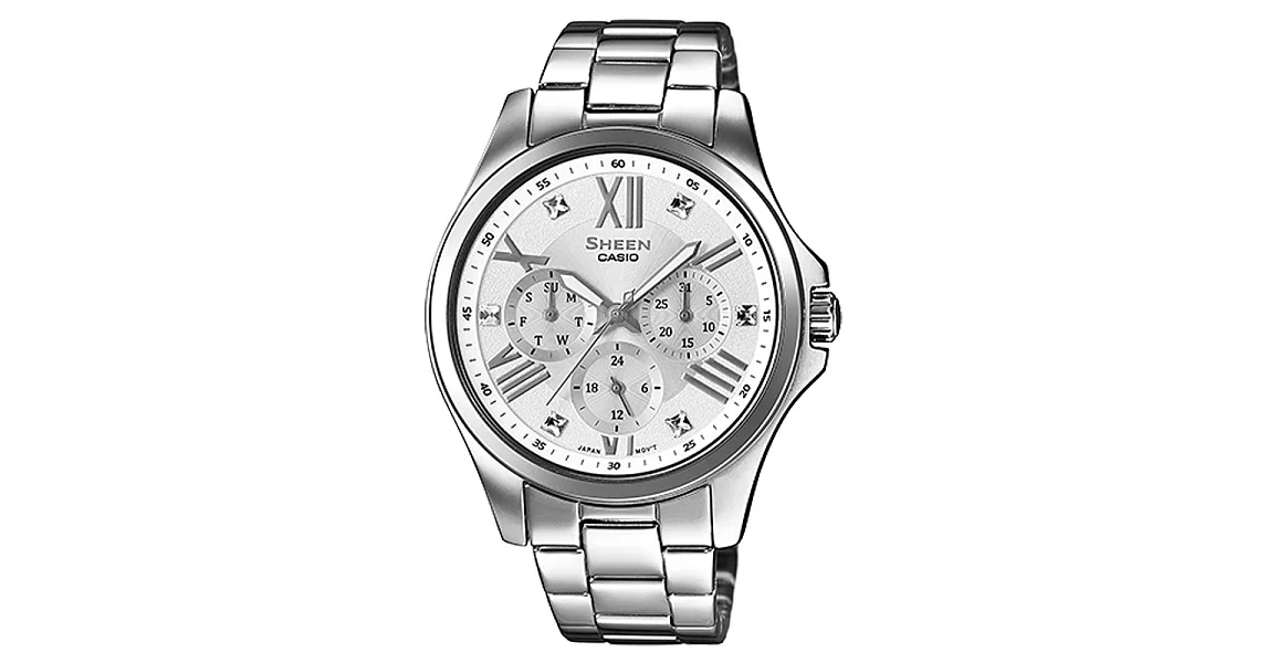 CASIO SHEEN 晶透光芒三眼時尚腕錶-銀