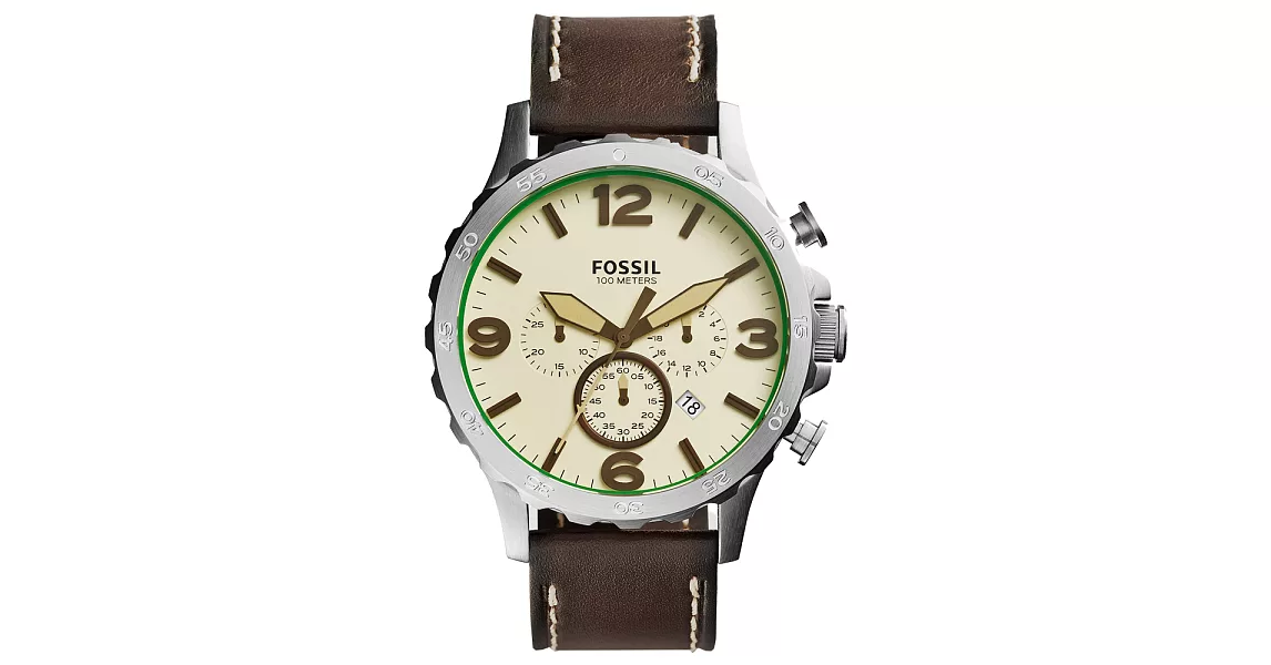 FOSSIL 重裝教士三眼運動計時腕錶-米白x深咖啡皮帶