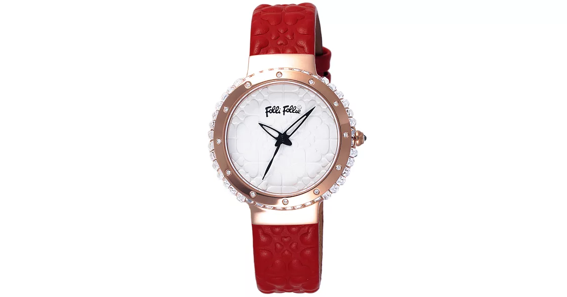 Folli Follie 海洋風情晶鑽時尚腕錶-玫瑰金框白x紅色皮帶