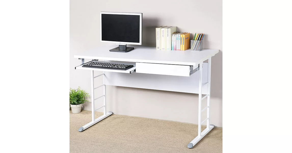 《Homelike》馬克120cm辦公桌-加厚桌面(附抽屜.鍵盤架)(兩色可選)純白桌面炫灰桌腳