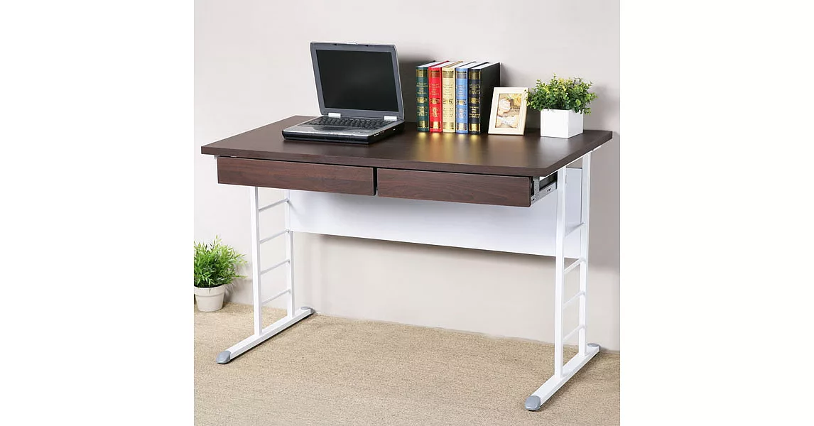 《Homelike》馬克120cm辦公桌-加厚桌面(附二抽屜)(兩色可選)純白桌面亮白桌腳