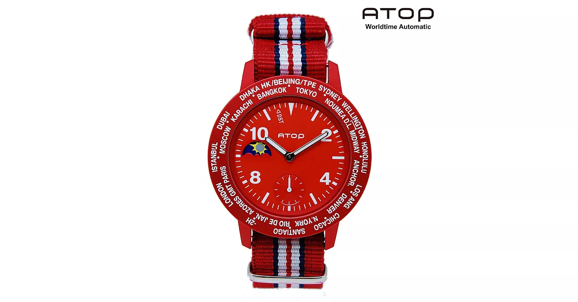 ATOP｜世界時區腕錶－24時區潮流系列帆布款 - (紅/紅黃黑)