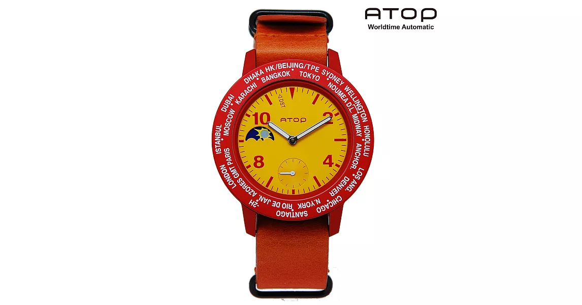 ATOP｜世界時區腕錶－24時區潮流系列真皮款 - (紅黃/橘)