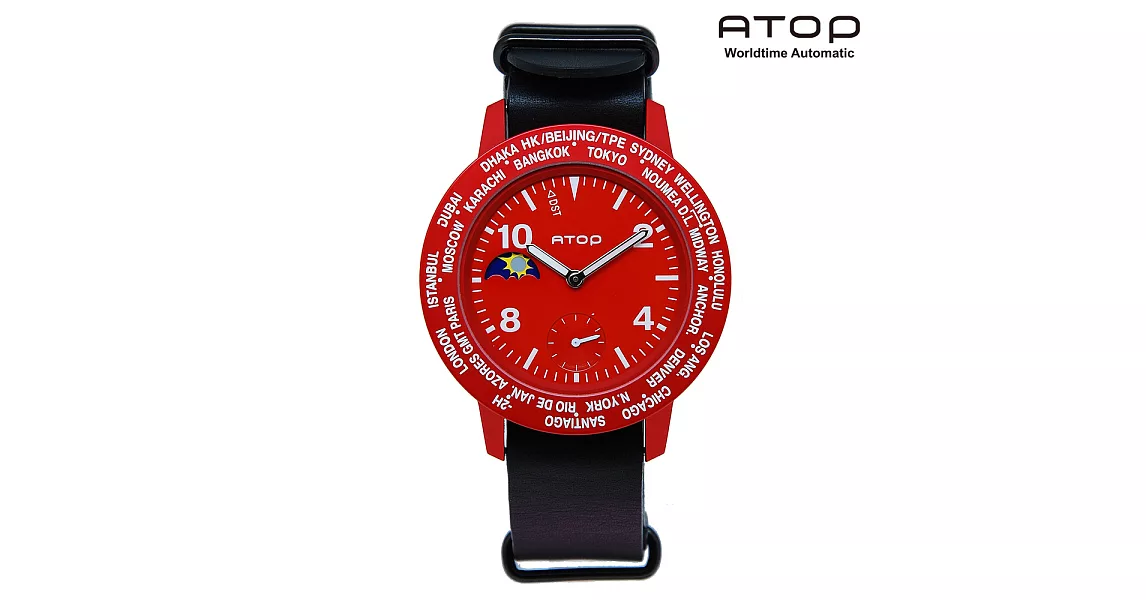 ATOP｜世界時區腕錶－24時區潮流系列真皮款 - (紅/黑)