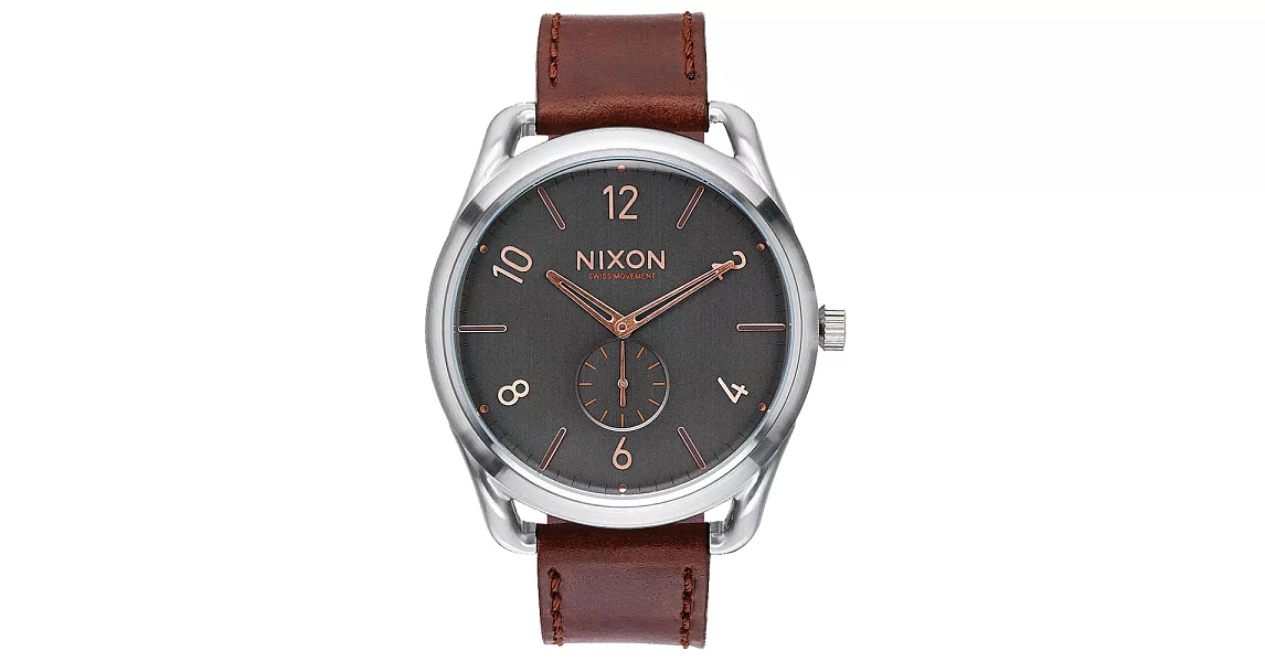 NIXON C45 LEATHER 跟隨自我潮流中性錶-銀框灰x咖啡x大