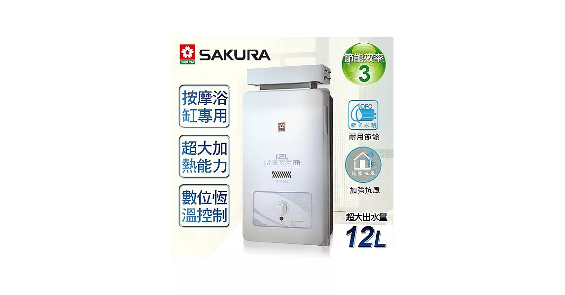 【櫻花牌】12L屋外抗風型熱水器／GH-1206(天然瓦斯)